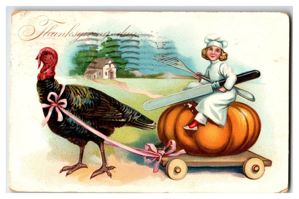 1901 Raphael Tuck Thanksgiving Postcard Chef Child Pulling Turkey on Pumpkin
